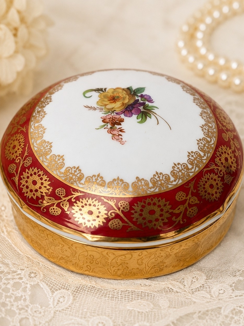 Vintage Limoges Porcelain Trinket Box 22K Gold Floral Mid-century Vanity